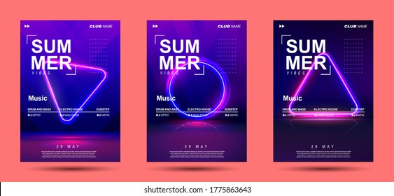 Electronic Music Covers for Summer Night Party or Club Party Flyer. 3d Retro Light Signboard With Shining Neon Effect. Colorful Vector Illustration in 80s Style