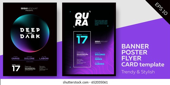 Electronic Music Dark Covers for Summer Fest or Club Party Flyer. Colorful Waves Gradient Background. Template for DJ Poster, Web Banner, Pop-Up.