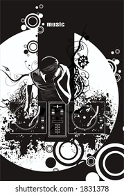 electronic music events,underground party flyer, dj with headphones & two turntable mixing music,grunge& floral elements, black & white vector illustration scalable at any size