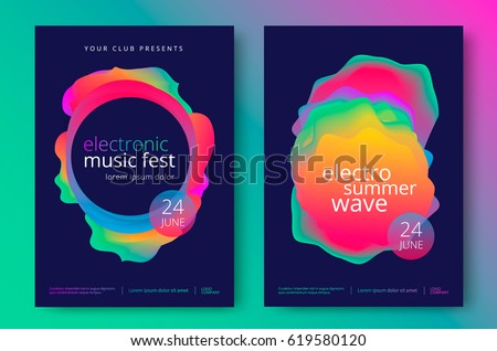 Electronic music fest and electro summer wave poster. Club party flyer. Abstract gradients waves music background.