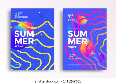 Electronic music fest summer wave poster. Modern club party flyer. Abstract gradients music background with wavy lines.