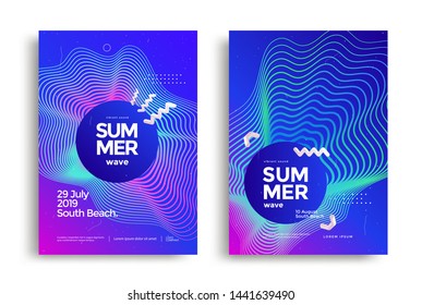 Electronic music fest summer wave poster design. Club party flyer. Abstract gradients sound background with wavy lines.