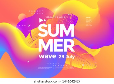 Electronic music fest summer wave poster with fluid shapes and gradient palm leaf. Club party flyer. Abstract gradients waves music background.