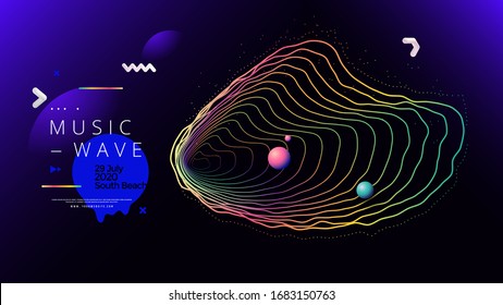 Electronic music fest summer wave poster design. Club party flyer. Abstract gradients sound background with wavy lines.