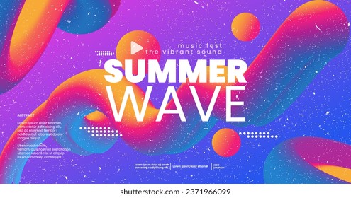 Electronic music fest summer wave poster with fluid shapes and gradient palm leaf. Club party flyer. Abstract gradients waves music background.