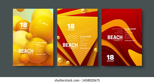 Electronic music festival ads poster. Modern club beach party invitation. Vector illustration. Abstract dynamic spheres and layered paper shapes decorations. Dance music event cover. Brochure template