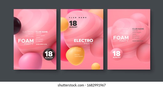 Electronic music festival ads poster. Modern club foam party invitation. Vector illustration with 3d abstract spheres. Dynamic colorful bouncing balls. Dance music event cover. Brochure template