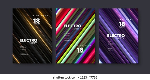 Electronic music festival ads poster set. Modern club party invitation. Vector illustration with abstract striped colorful backgrounds. Dance music event cover. Brochure template