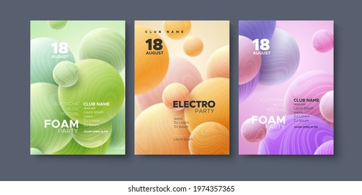 Electronic music festival ads poster. Modern club foam party invitation. Vector illustration with 3d abstract spheres. Dynamic colorful bouncing balls. Dance music event cover. Brochure template