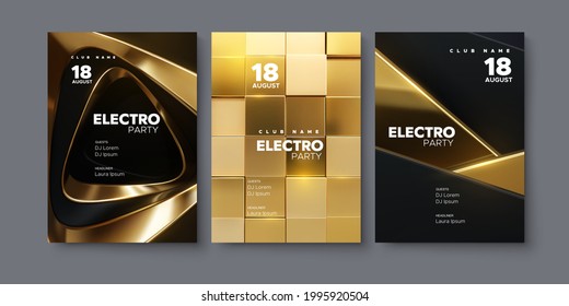 Electronic music festival ads poster set. Modern club electro party invitation. Vector illustration. 3d black and golden shapes. Dance music event cover. Brochure or flyer template
