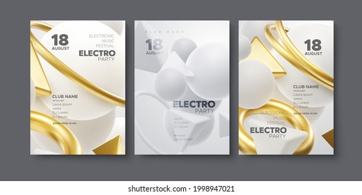 Electronic Music Festival Ads Poster Set. Modern Club Electro Party Invitation. Vector Illustration. 3d White And Golden Shapes. Dance Music Event Cover. Brochure Or Flyer Template