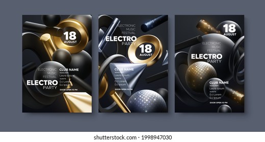 Electronic music festival ads poster set. Modern club electro party invitation. Vector illustration. 3d black and golden shapes. Dance music event cover. Brochure or flyer template