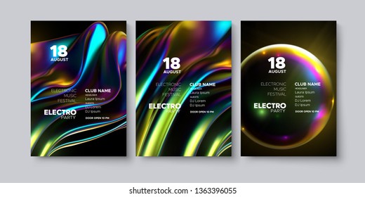 Electronic music festival advertising poster. Modern club electro party invitation. Vector illustration with 3d abstract iridescent gradient shapes. Dance music event cover