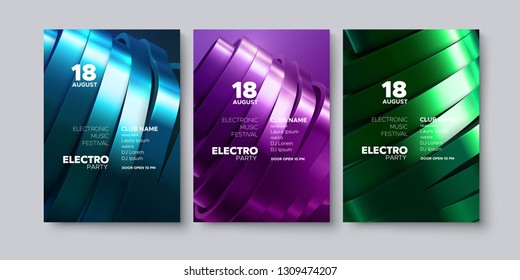 Electronic music festival advertising posters. Modern club electro party invitation. Vector illustration with 3d abstract sliced surface. Dance music event cover. Trendy cover design