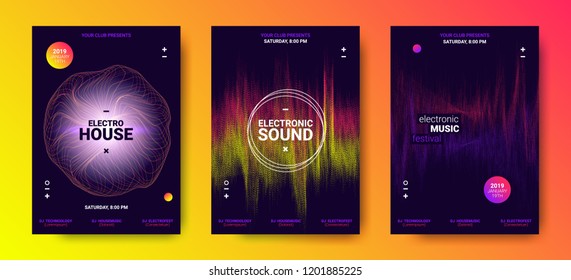 Electronic Music Festival Design Flyer. Abstract Wave Posters Set for Dance Event. Amplitude of Distorted Dotted Color Lines. Vector Equalizer. Effect Movement of Dots. Futuristic Sound Flyer Concept.