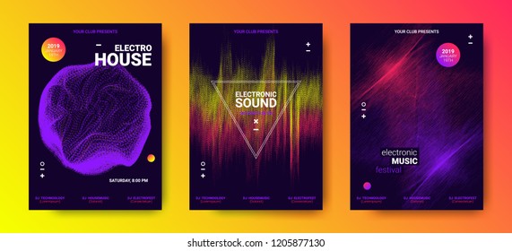 Electronic Music Festival Design Flyer. Abstract Wave Posters Set for Dance Event. Amplitude of Distorted Dotted Color Lines. Vector Equalizer. Effect Movement of Dots. Futuristic Sound Flyer Concept.