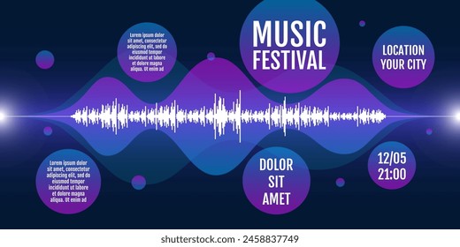 Electronic music festival disco party horizontal banner with equalizer lines and liquid wave shape. Electro sound fest club flyer abstract design template. Vector techno dance advertising. Eps