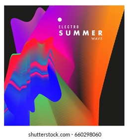 Electronic music festival and electric summer wave poster. Club party Poster design and event. Abstract gradients flux effect and waves music background.