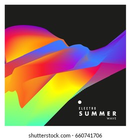 Electronic music festival and electric summer wave poster. Club party Poster design and event. Abstract gradients flux effect and waves music background.