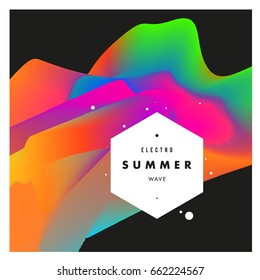 Electronic music festival and electric summer wave poster. Club party Poster design and event. Abstract gradients flux effect and waves music background.