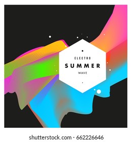 Electronic music festival and electric summer wave poster. Club party Poster design and event. Abstract gradients flux effect and waves music background.