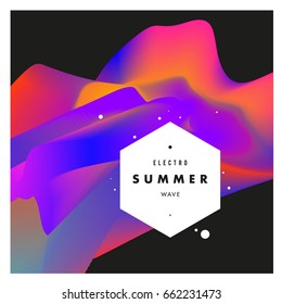 Electronic music festival and electric summer wave poster. Club party Poster design and event. Abstract gradients flux effect and waves music background.