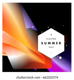 Electronic music festival and electric summer wave poster. Club party Poster design and event. Abstract gradients flux effect and waves music background.