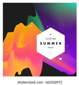 Electronic music festival and electric summer wave poster. Club party Poster design and event. Abstract gradients flux effect and waves music background.