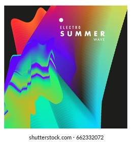 Electronic music festival and electric summer wave poster. Club party Poster design and event. Abstract gradients flux effect and waves music background.