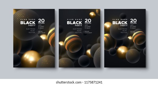 Electronic music festival. Modern poster design. Black party flyer. Abstract background with 3d spheres. Vector illustration of balls textured with glittering paillettes. Club invitation template.