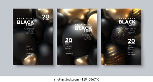 Electronic music festival. Modern poster design. Black party flyer. Abstract background with 3d spheres. Vector illustration of flowing balls or particles. Club invitation template.