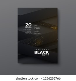 Electronic music festival. Modern poster design. Black party flyer. Abstract background with paper layers decoration textured with glittering strass. Vector illustration. Club invitation template.