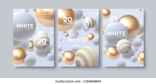 Electronic Music Festival. Modern Posters Design. White Party Flyer. Abstract Background With 3d Spheres. Vector Illustration Of Flowing Balls Or Particles. Club Invitation Template.