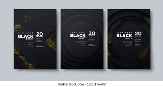 Electronic music festival. Modern posters design. Black party flyer. Abstract background with paper layers decoration textured with glittering strass. Vector illustration. Club invitation template.