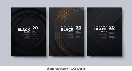 Electronic music festival. Modern posters design. Black party flyer. Abstract background with paper layers decoration textured with glittering strass. Vector illustration. Club invitation template.