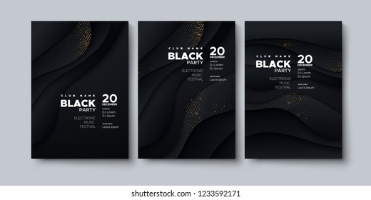 Electronic music festival. Modern posters design. Black party flyer. Abstract background with wavy paper layers decoration textured with golden glitters. Vector illustration. Club invitation template.