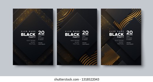 Electronic music festival. Modern posters design. Black party invitation. Abstract background with black geometric squares and golden patterns. Vector illustration. Club invitation template.