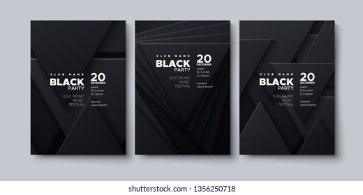 Electronic music festival. Modern posters design. Black party invitation. Abstract background with black geometric triangle shapes. Vector illustration. Club invitation template.