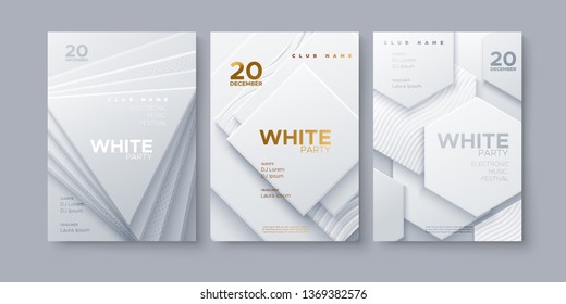 Electronic music festival. Modern posters design. White party invitation. Abstract background. White geometric shapes. Vector illustration. Club invitation template.