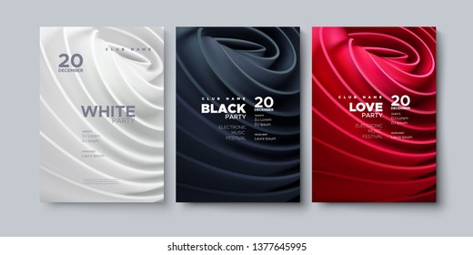 Electronic Music Festival. Modern Posters Design. White Party Invitation. Black Party Banner. Abstract Background With Rolled Cloth Shapes. Vector Illustration. Club Promotion Sign Template.