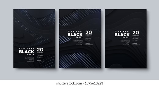 Electronic Music Festival. Modern Posters Design. Black Party Invitation. Abstract Background. Black Geometric Wavy Shapes, Silver Glitters And Patterns. Vector Illustration. Club Invitation Template.