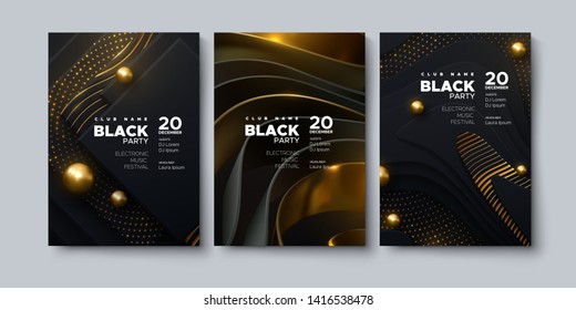 Electronic music festival. Modern posters design. Black party invitation. Abstract background. Black geometric wavy shapes, golden glitters and spheres. Vector illustration. Club invitation template.