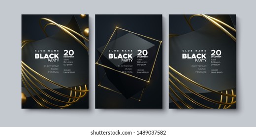 Electronic music festival. Modern posters design. Black party invitation. Abstract background. Black geometric bended layers with gold metallic rings. Vector illustration. Club invitation template.