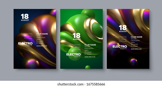Electronic music festival. Modern posters design. Electro party invitation. Abstract background. Multicolored abstract shapes. Vector 3d illustration. Club invitation template.