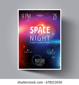 Electronic music festival or night club party flyer with background from colorful cosmic stars, planets and luminous elements. Vector illustration EPS10