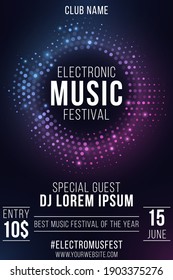 Electronic Music Festival. Party Flyer. Stylish Purple And Blue Glittering Halftone Banner. Glowing Vibrant Ring. Text Decoration. Club And DJ Name. Vector Illustration. EPS 10.