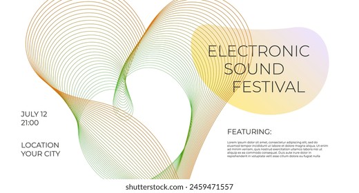 Electronic music festival party horizontal banner with colorful abstract linear gradient and liquid wave shape. Futuristic electro sound fest club flyer design template. Digital dance cover. Eps