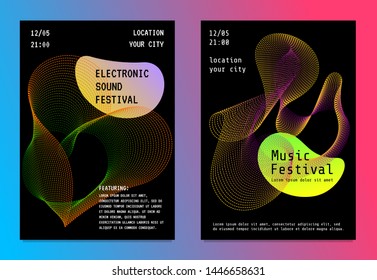 Electronic music festival party poster set with colorful abstract gradient lines and liquid shape. Futuristic electro sound fest club flyer cover design. Vector DJ advertising illustration