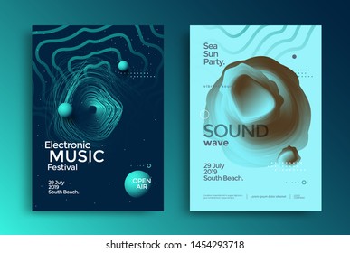 Electronic music festival poster with abstract gradient lines. Flyer with Sound wave shape. Vector background in duotone color.