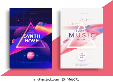 Electronic Music festival poster with abstract gradient shape and decoration elements. Synthwave party Flyer in vaporwave style design.